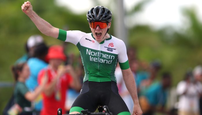 PORT OF SPAIN, TRINIDAD AND TOBAGO - AUGUST 07: Oisin Ferrity of Team Northern Ireland celebrates winning Gold in the Men's Road Race on day three of the 2023 Youth Commonwealth Games at Brian Lara Cricket Stadium on August 07, 2023 in Port of Spain, Trinidad And Tobago. (Photo by Matt McNulty/Getty Images for Commonwealth Sport)