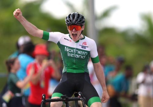 PORT OF SPAIN, TRINIDAD AND TOBAGO - AUGUST 07: Oisin Ferrity of Team Northern Ireland celebrates winning Gold in the Men's Road Race on day three of the 2023 Youth Commonwealth Games at Brian Lara Cricket Stadium on August 07, 2023 in Port of Spain, Trinidad And Tobago. (Photo by Matt McNulty/Getty Images for Commonwealth Sport)